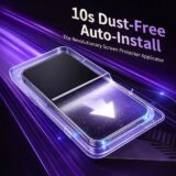 The dust-free install applicator in use, aligning the protector over an iPhone screen
